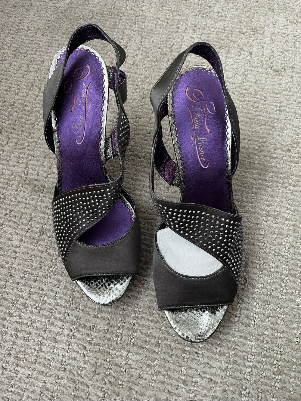 Poetic License Pewter Studded Open-Toe Heels with Purple Insoles